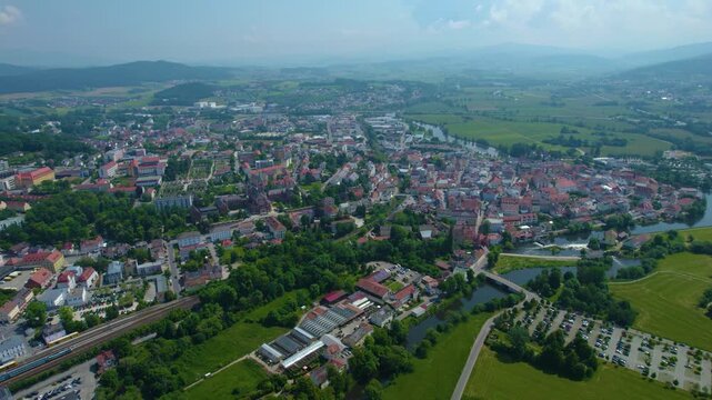 Aerial view of the village Cham in Germany, on a cloudy day in spring.