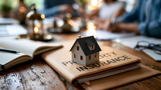 A folder labeled property insurance, a notebook and a small house model on an office desk, real estate broker setup, home insurance, property security, consultation, professional