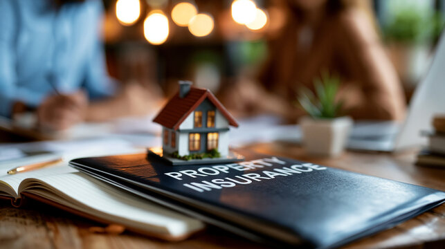 A folder labeled property insurance, a notebook and a small house model on an office desk, real estate broker setup, home insurance, property security, consultation, professional