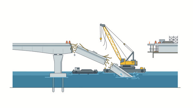 Illustration depicting a bridge section collapsing into water during construction or demolition, with a large crane on a barge nearby.