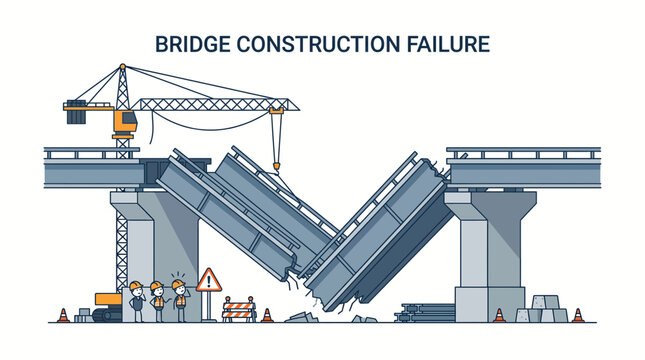 An illustration depicting a bridge construction failure with a collapsed section, a crane, and distressed workers on site.