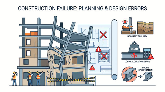 Illustration showing a building collapse due to construction failure, highlighting planning and design errors like incorrect soil data, load calculation mistakes, and wrong specifications.