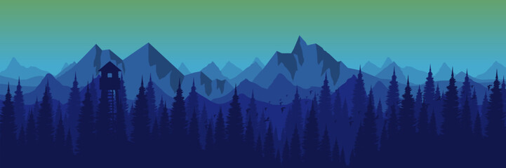 Fototapeta premium Calm evergreen mountain presentation background with layered forest and blue gradient