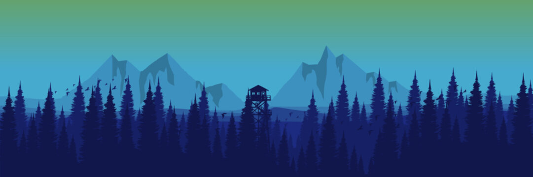 Bold nature landscape banner featuring watchtower and dark peaks for marketing campaigns