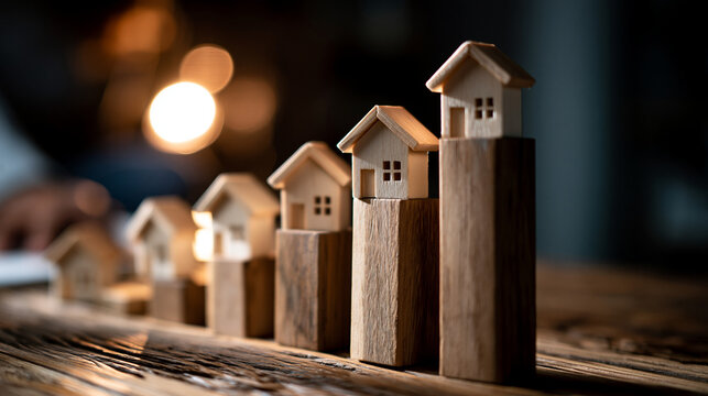 A rising graph chart with miniature houses placed along increasing bars on a wooden surface, investment profit illustration, rising house value, property return, profit growth,