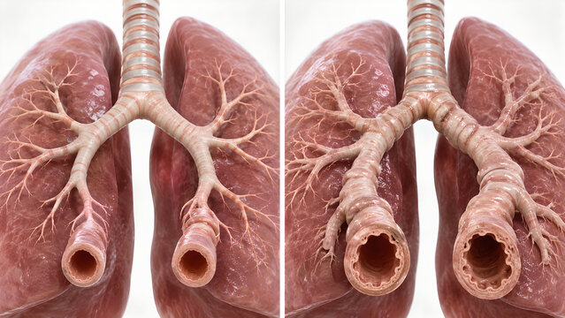 Photorealistic 3D Bronchiectasis Lungs, Ring Shadows, Tram-Track Bronchi, Dilated Airways, Bronchial Wall Thickening, Medical Anatomy Render