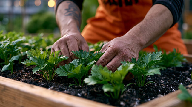 A solo figure in an orange prison jumpsuit tends a raised vegetable bed inside a correctional garden program, green spring seedlings in neat rows, soft morning light, perfect for rehabilitation, res
