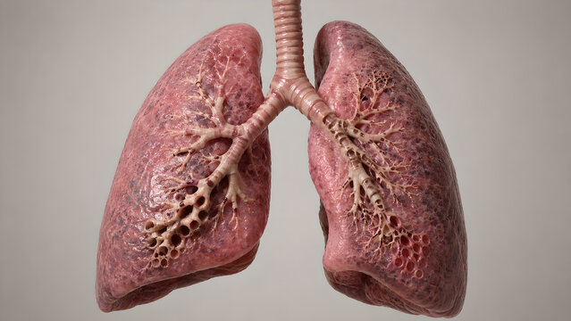 Photorealistic 3D Bronchiectasis Lungs, Ring Shadows, Tram-Track Bronchi, Dilated Airways, Bronchial Wall Thickening, Medical Anatomy Render