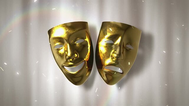 A grand cinematic loop featuring golden comedy and tragedy masks against a silver curtain background with falling white confetti and soft light flare