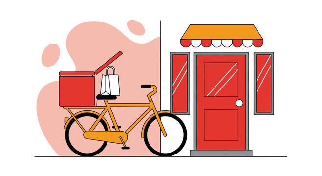 Delivery Bicycle with Red Insulated Bag Outside a Red Storefront