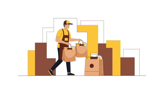 Delivery man carrying food bags in city, urban delivery service concept