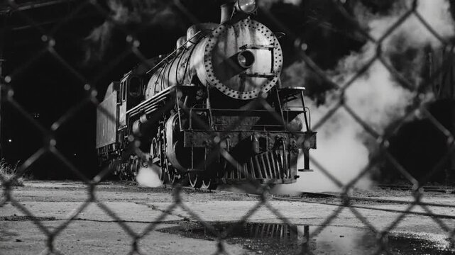 Black and white shot of vintage steam engine train behind chain link fence releasing steam at night
