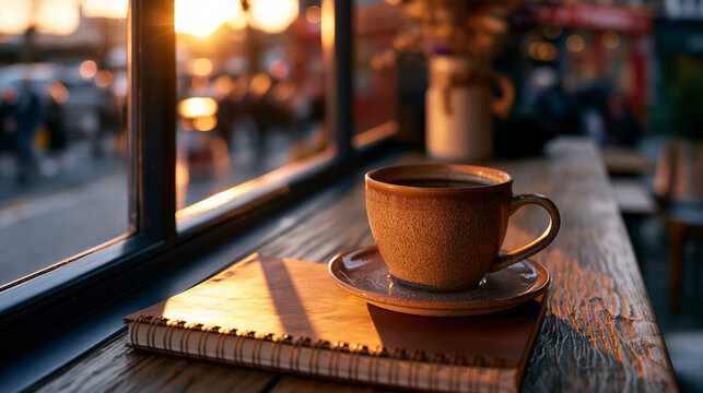 Cafe window seat at golden hour, a freelancer's ceramic mug casting a long shadow across a notebook, streets visible outside busy with evening pedestrians, ideal for work from anywhere, creative fre