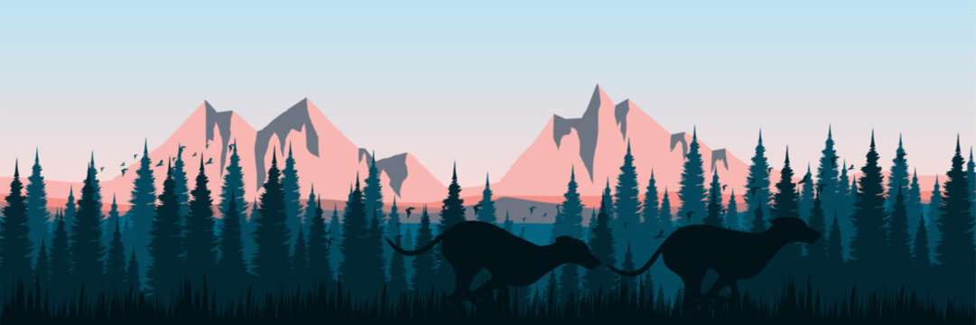 Bold nature landscape banner with dark green mountains and running hounds for marketing campaigns