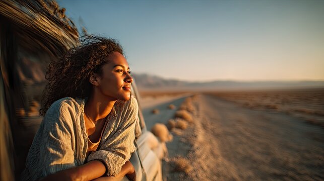 A black woman on the road enjoying the view of the desert from the window of an SUV during vacation.