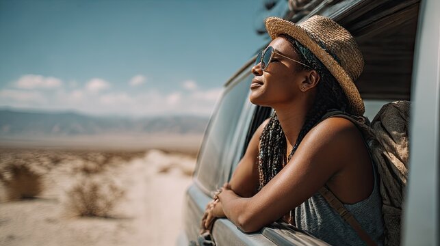 A black woman on the road enjoying the view of the desert from the window of an SUV during vacation.