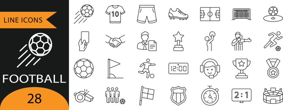 Football and Soccer Match Line Icon Set - Goal, Stadium, Referee and Sport Equipment.

