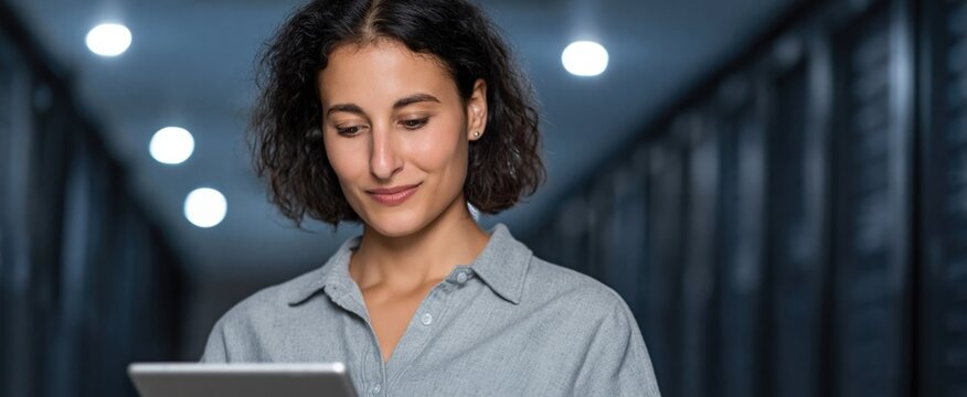 Reliable cybersecurity and cloud protection solutions. Encrypted VPN access and multi-factor authentication. Woman working on tablet with advanced network security software.