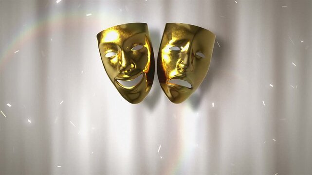 A grand cinematic loop featuring golden comedy and tragedy masks against a silver curtain background with falling white confetti and soft light flare