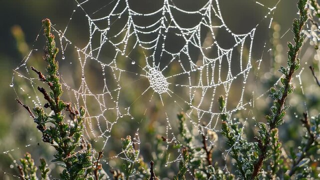 Dew-covered spiderweb strung across green foliage, shimmering droplets, and soft background