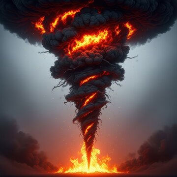 Massive turbulent vortex of black smoke and roaring flames rising from a destructive inferno below, highlighting extreme heat and danger, sky, apocalyptic, orange