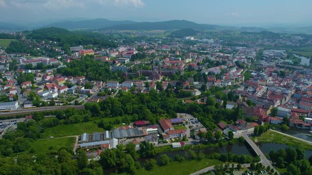Aerial view of the village Cham in Germany, on a cloudy day in spring.