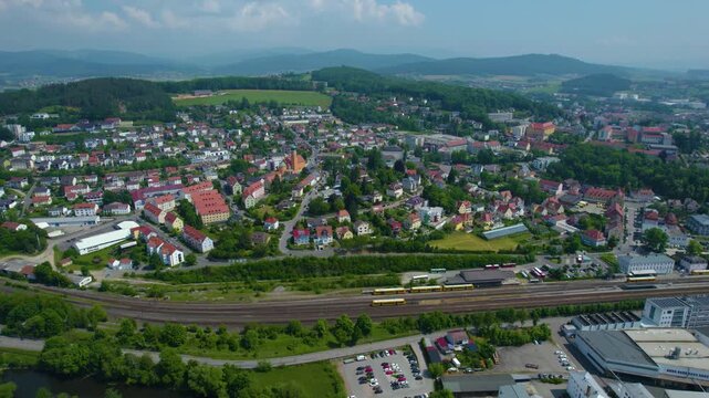 Aerial view of the village Cham in Germany, on a cloudy day in spring.