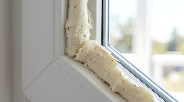 Expanding foam sealant in the corner of a white window frame. Polyurethane foam for weatherproofing and gap filling. Home insulation and repair