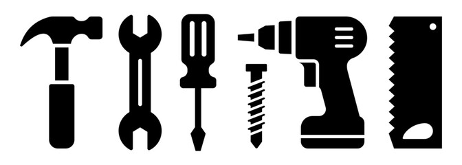 Fototapeta premium Professional construction and hand tool icon set including hammer, wrench, screwdriver, drill, saw, and screw. Solid black silhouettes for DIY, repair, and hardware store branding.