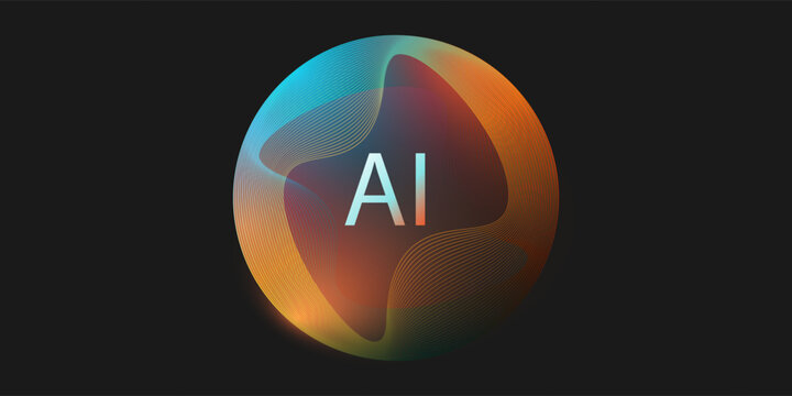 AI letters centered inside a glowing futuristic 3D sphere with translucent surface made of abstract flowing lines. Design template, icon symbol on dark background useful for technology and science