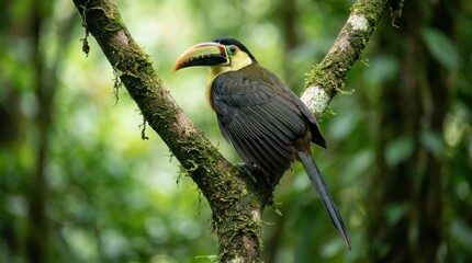 Fototapeta premium Detailed picture of a toucan bird sitting between mossy rainforest trunks, layered green canopy, long tail, textured feathers, diagonal jungle composition with quiet tropical wilderness mood