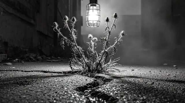 Black and white shot of a plant growing in a cracked street lit by a pendant lamp at night