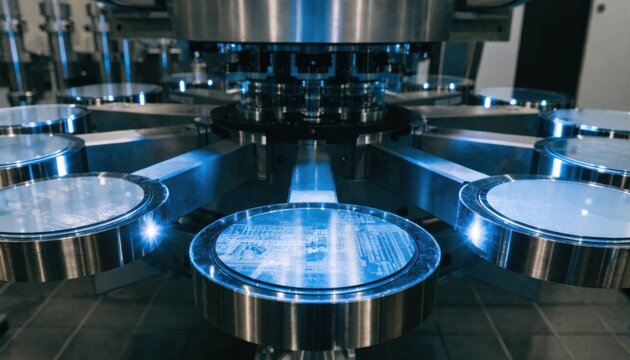Medium shot showcasing multiple wafers simultaneously exposed in photolithography stepper demonstrating batch processing and uniform circuit pattern projection under controlled
