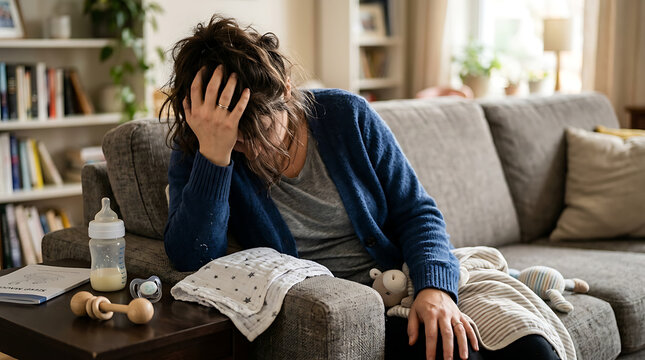 Stressed and exhausted mother sitting on couch with baby accessories. Tired woman at home. Postpartum burnout and mental health concept