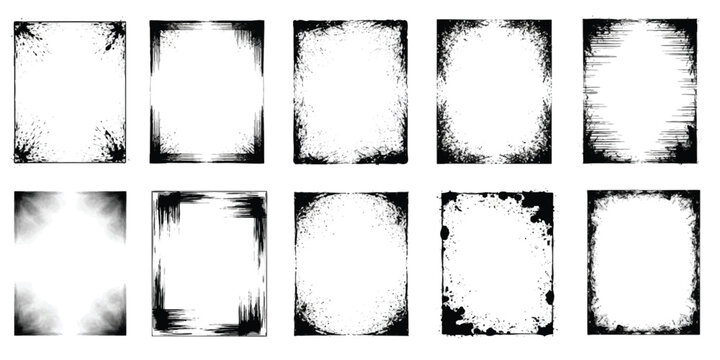 Set of ten rectangular grunge frame borders with distressed ink textures for photography