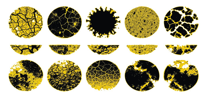 Set of abstract circle shapes with gold and black grunge textures and cracked patterns