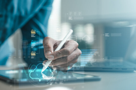 Business analytics and big data visualization on cloud computing system with AI dashboard, digital reporting and data analysis technology for modern enterprise management.