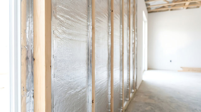 Close up of wooden wall studs and silver foil insulation in a new house. Detail of building materials on a construction site. Home framing concept