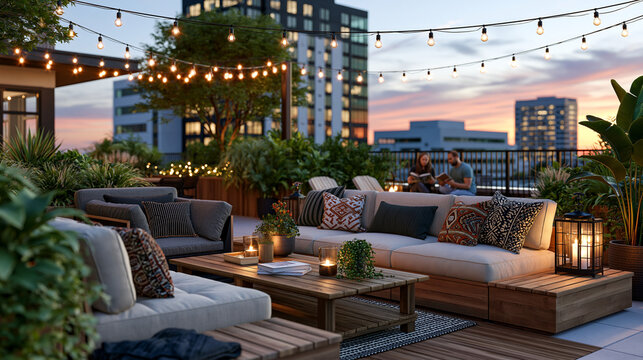 Co-living rooftop terrace at golden hour, mismatched outdoor furniture, string lights not yet lit, two residents reading separate books in comfortable proximity, perfect for shared living, urban com