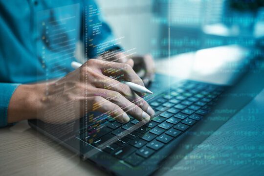 Software developer coding on laptop with artificial intelligence and programming interface for web development, data analysis and digital engineering.