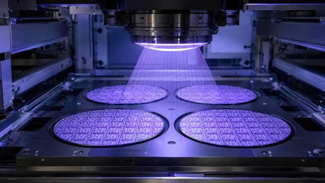 Medium shot showcasing multiple wafers simultaneously exposed in photolithography stepper demonstrating batch processing and uniform circuit pattern projection under controlled