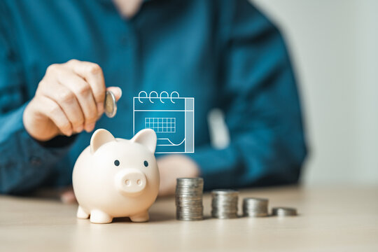 Personal finance and savings planning concept with piggy bank, budget calendar and money management strategy for monthly expense tracking and financial growth.