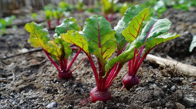 Several fresh organic red beets growing in the dark fertile soil of a vegetable garden