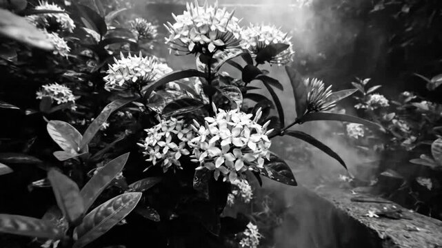 Black and white close up of white flowers, leaves, and steam in a garden setting