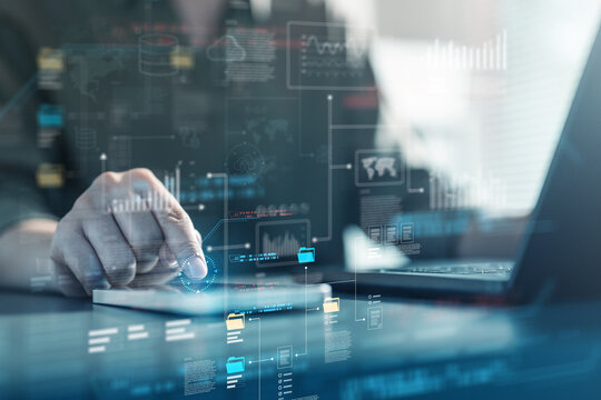 Hand using digital interface with charts and database icons, representing data analytics, big data systems, AI insights, software management and business intelligence.