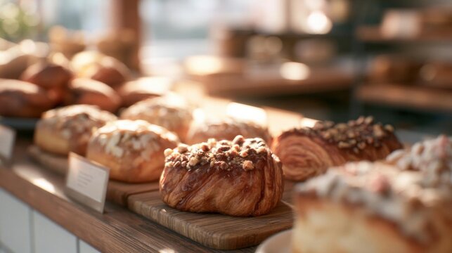 Display of freshly baked pastries on a wooden counter in a bakery. there are several types of breads on the counter, including croissants, buns, and pastries.