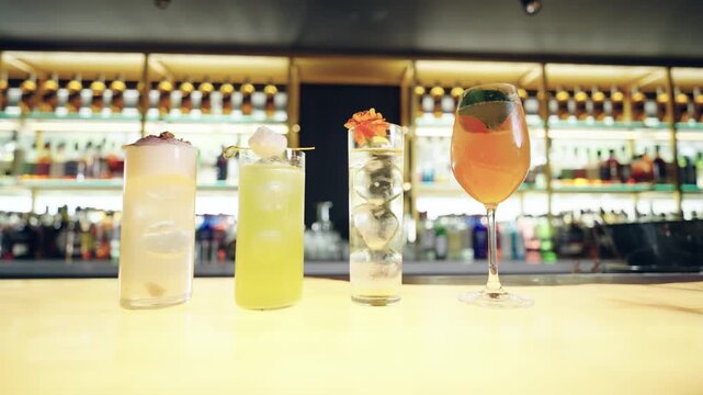 Row of four delicious and refreshing cocktails sitting on a marble bar top. The drinks are garnished with flowers, fruit and foam
