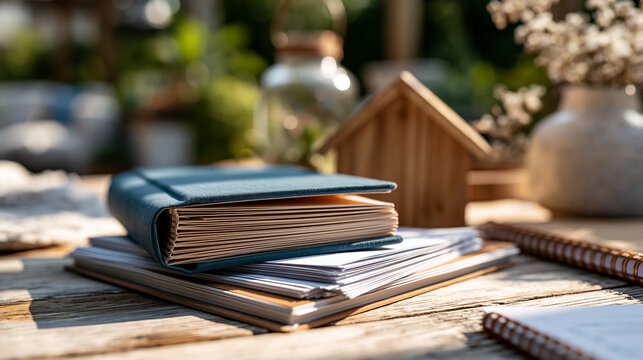 A folded family photo album beside a wooden house model and a stack of inheritance documents on a sunlit table, family inheritance, real estate transfer, generational property,