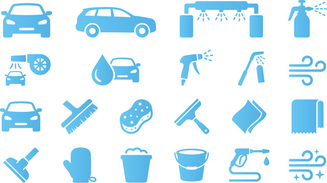 Set of blue icons for car washing and auto detailing services.