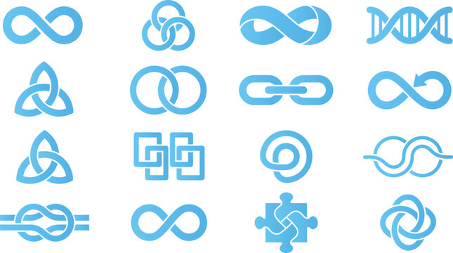 Set of blue abstract icons for infinity, connection, and DNA concepts.